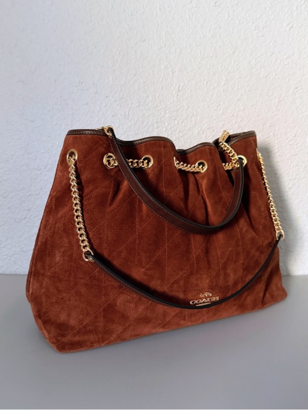 NWT Coach Evelyn Shoulder Bag With Quilting Suede with Gold Chain Trim - Picture 10 of 16